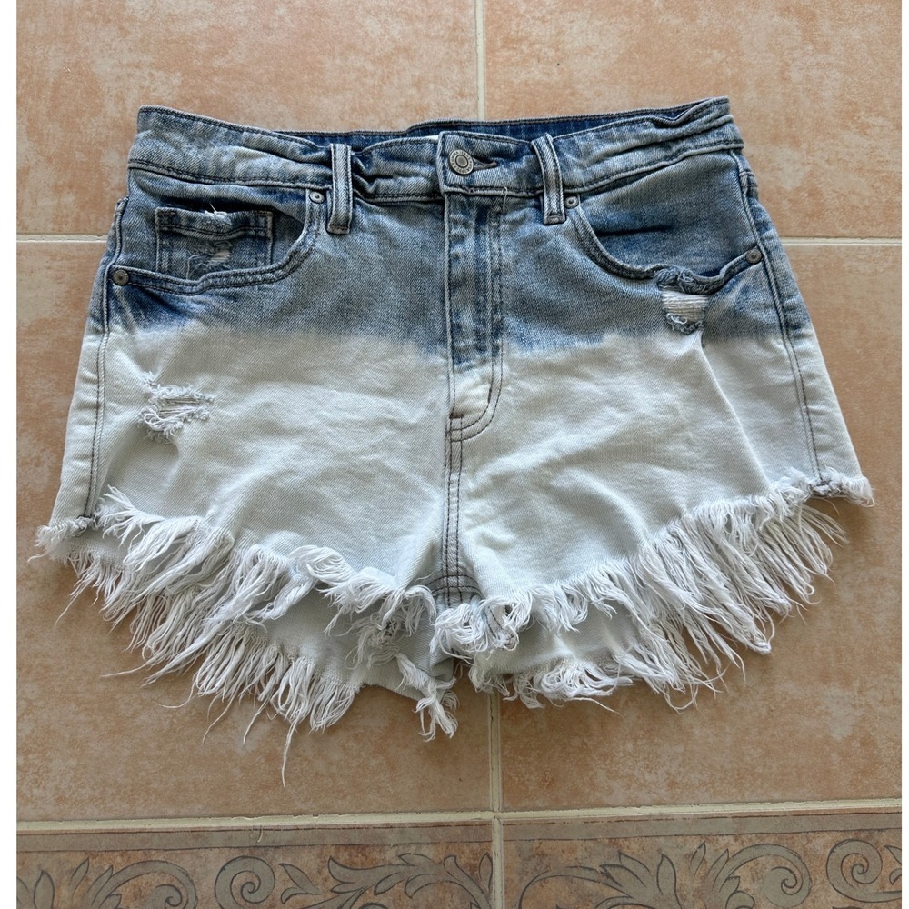 Eunina LULU High Rise Denim Shorts‎ Frayed Hem Distressed Blue/W  Bleach M